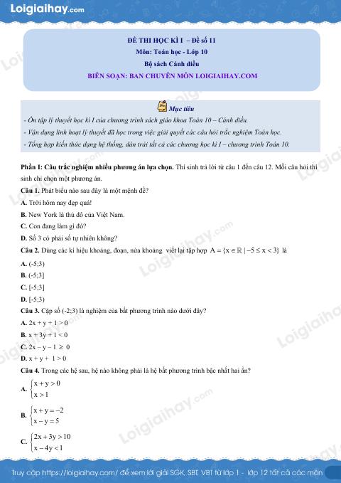 Đề thi học kì 1 Toán 10 Cánh diều - Đề số 11